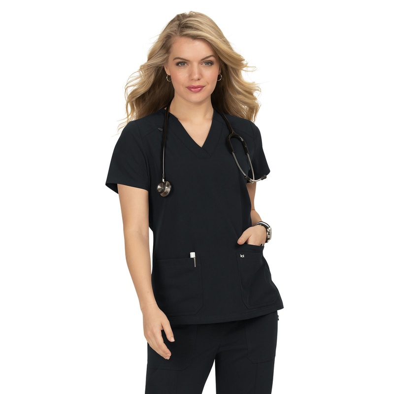 Women's 3-Pocket Wide V-Neck Stretch Hustle and Heart Top - 1019 - Black
