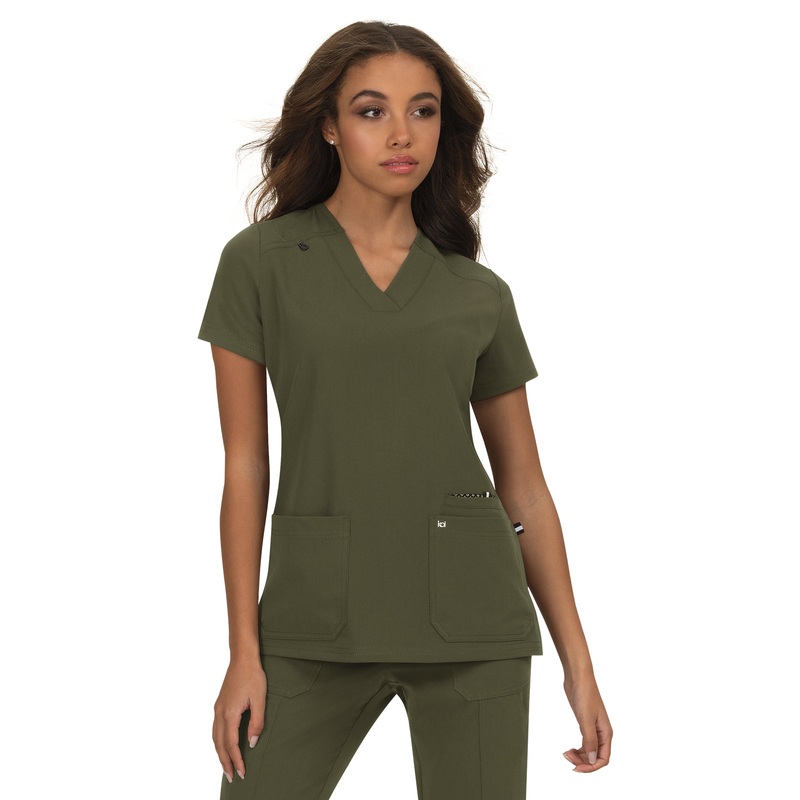 Women's 3-Pocket Wide V-Neck Stretch Hustle and Heart Top - 1019 - Olive Green