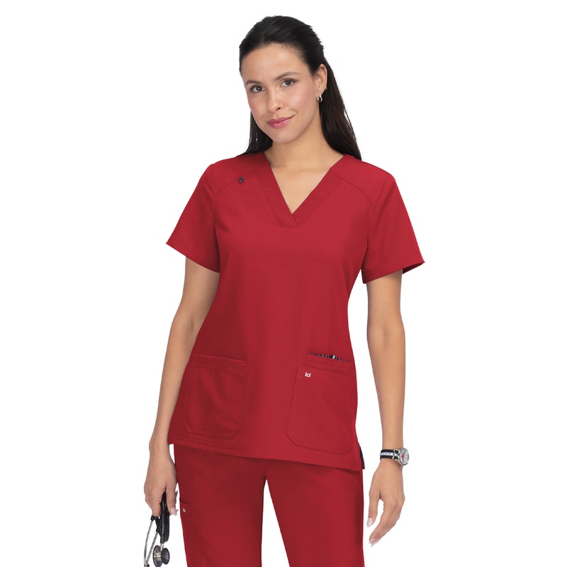 Women's 3-Pocket Wide V-Neck Stretch Hustle and Heart Top - 1019 - Ruby