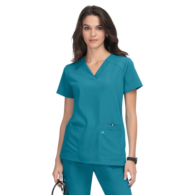 Women's 3-Pocket Wide V-Neck Stretch Hustle and Heart Top - 1019 - Teal