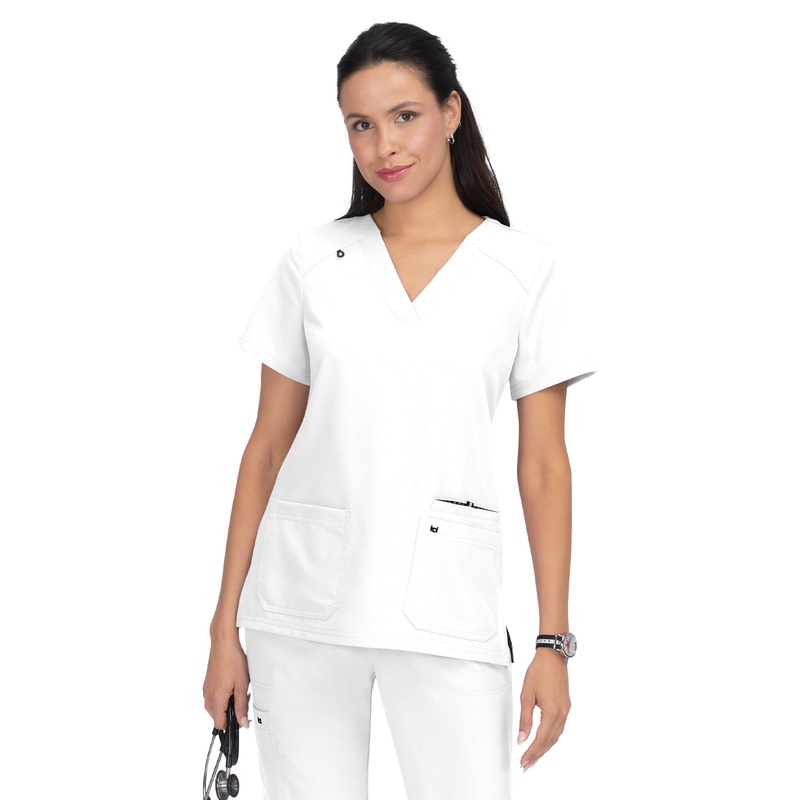 Women's 3-Pocket Wide V-Neck Stretch Hustle and Heart Top - 1019 - White