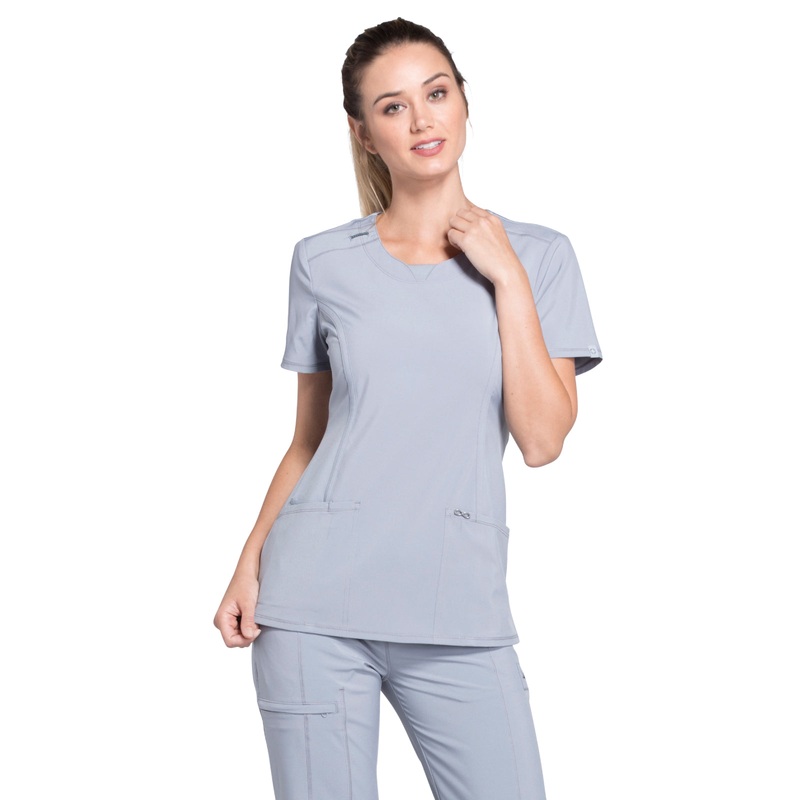Women's Stretch Rib-knit Back Panel Round Neck Top - 2624A - Grey