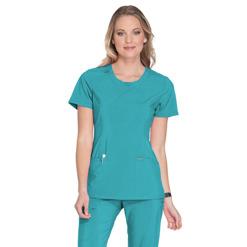 Women's Stretch Rib-knit Back Panel Round Neck Top - 2624A - Teal Blue