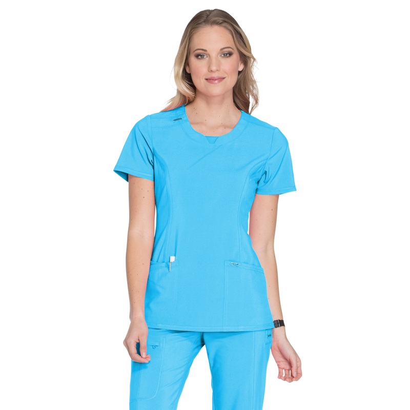 Women's Stretch Rib-knit Back Panel Round Neck Top - 2624A - Turquoise