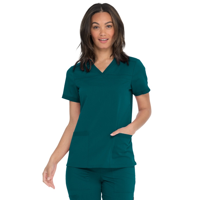 Women's V-Neck Top With Rib Knit Panels - DK870 - Caribbean Blue
