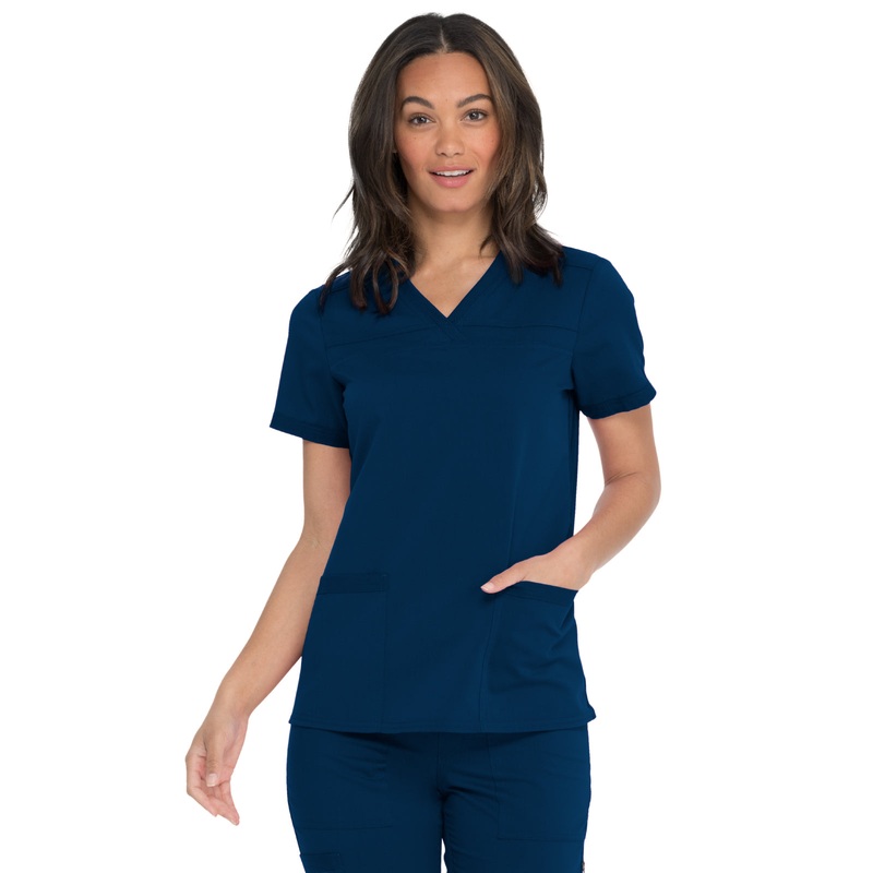 Women's V-Neck Top With Rib Knit Panels - DK870 - Navy