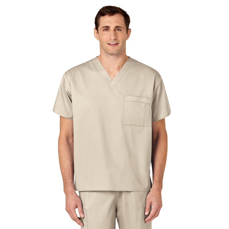 Unisex Double-Pocket V-Neck Top - 100 - Khaki