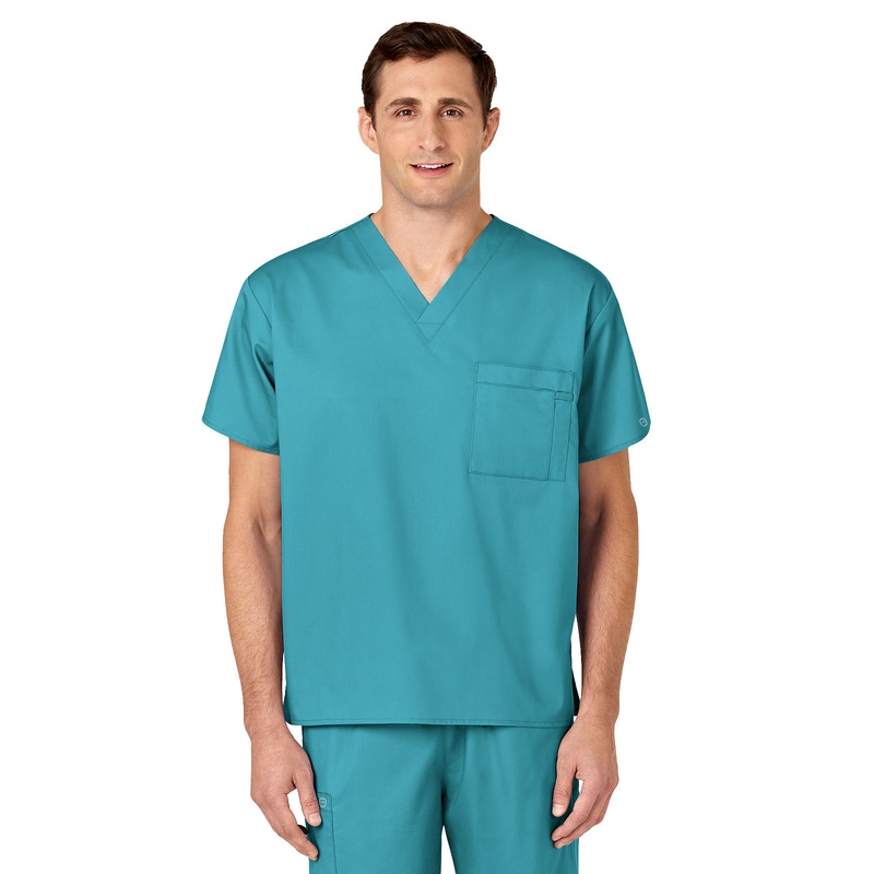 Unisex Double-Pocket V-Neck Top - 100 - Teal