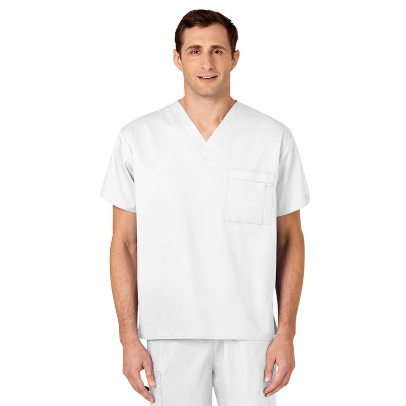 Unisex Double-Pocket V-Neck Top - 100 - White