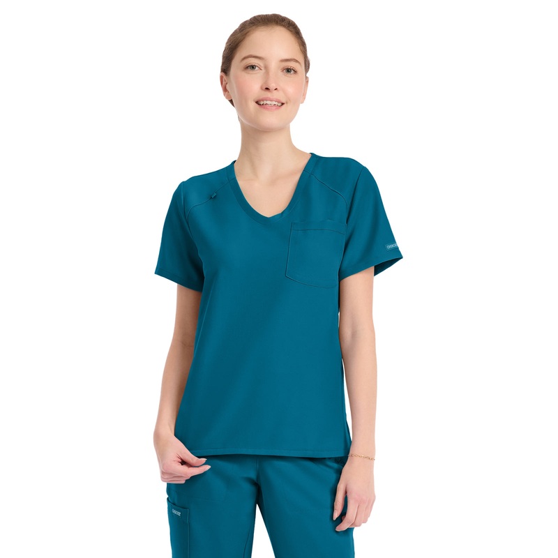 Women's 1-Pocket Tuck-In V-Neck Top - CK954A - Caribbean Blue