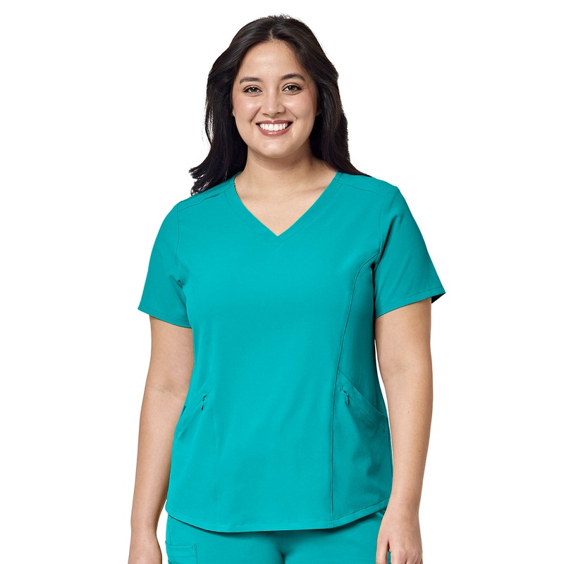 Women's Four-Pocket V-Neck Top - 6134 - Teal Blue