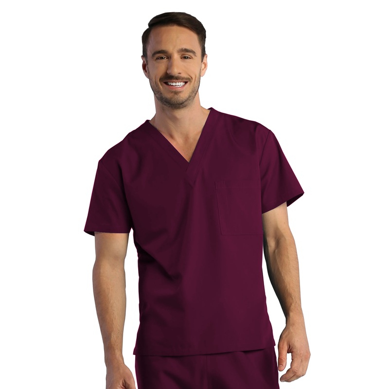 Unisex One-Pocket V-Neck Top - 1706 - Wine