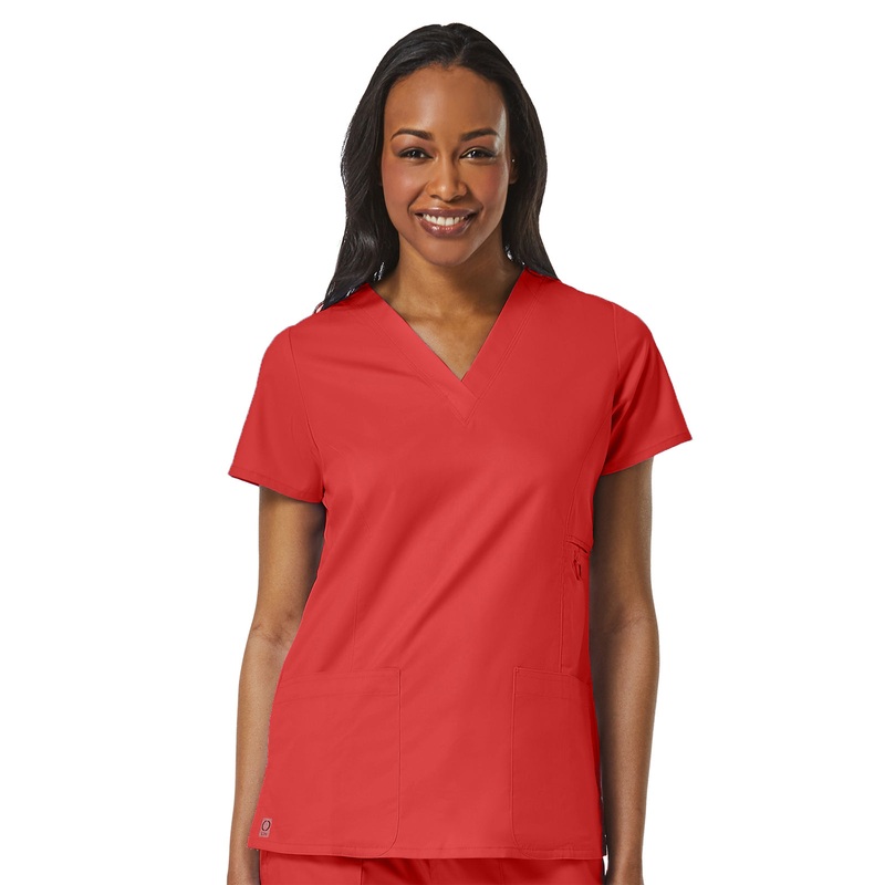Women's Four-Pocket V-Neck Top - 1708 - Red