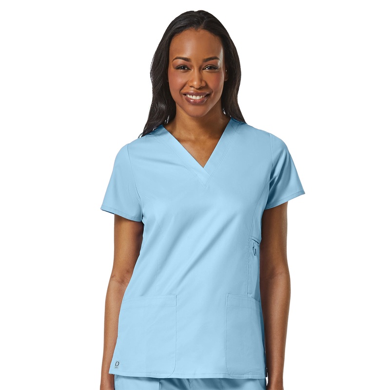 Women's Four-Pocket V-Neck Top - 1708 - Sky Blue