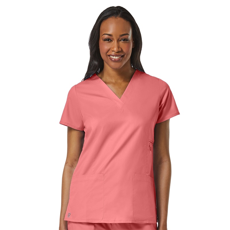 Women's Four-Pocket V-Neck Top - 1708 - Strawberry Pink