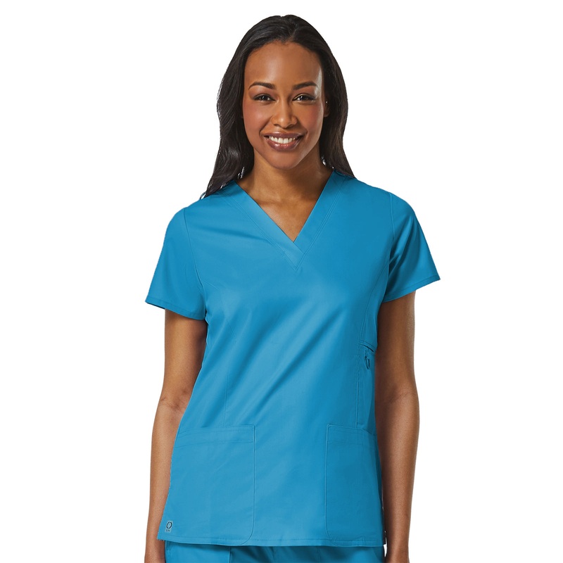 Women's Four-Pocket V-Neck Top - 1708 - Teal Blue