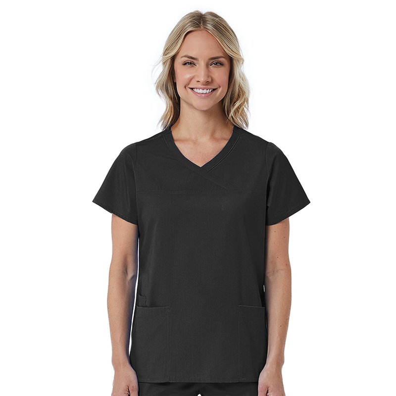 Women's Three-Pocket Curved Mock Wrap Top - 1726 - Black