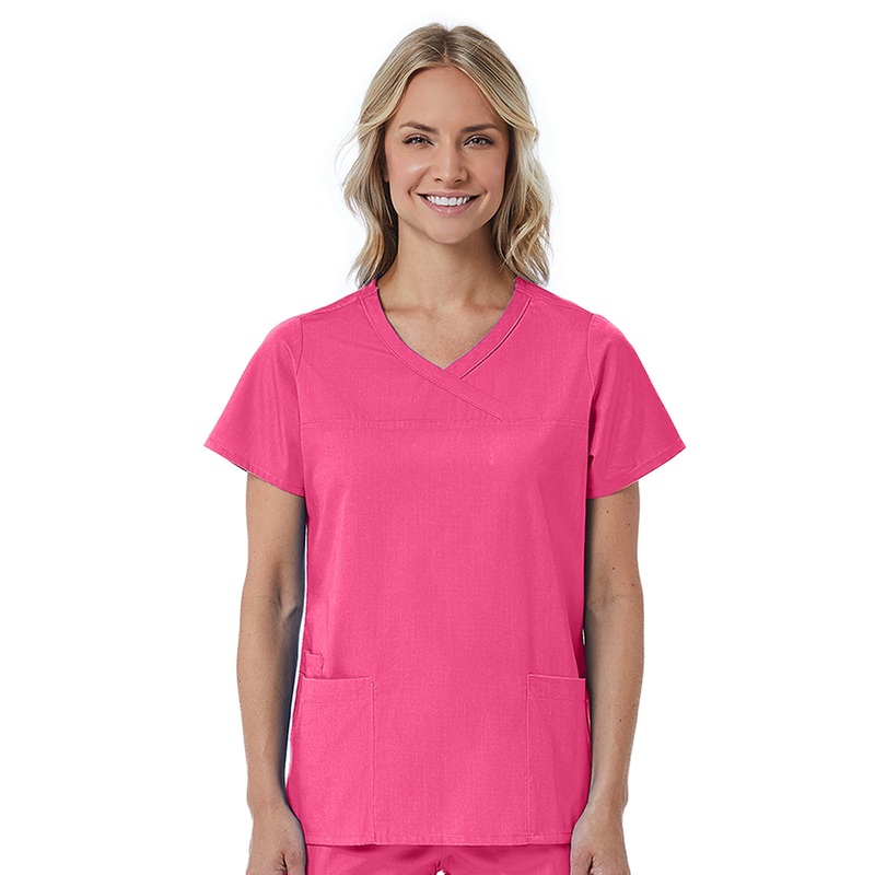 Women's Three-Pocket Curved Mock Wrap Top - 1726 - Candy Pink