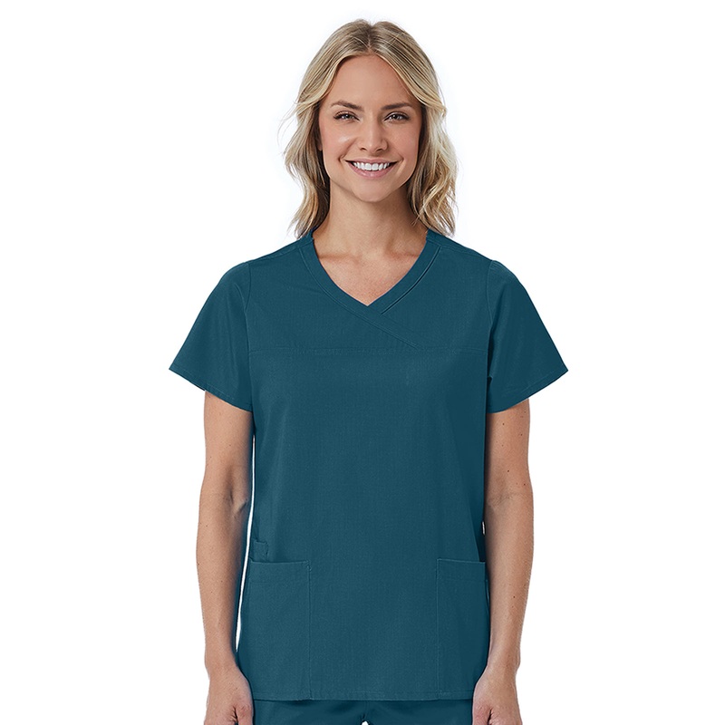 Women's Three-Pocket Curved Mock Wrap Top - 1726 - Caribbean Blue