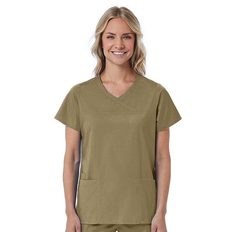 Women's Three-Pocket Curved Mock Wrap Top - 1726 - Khaki