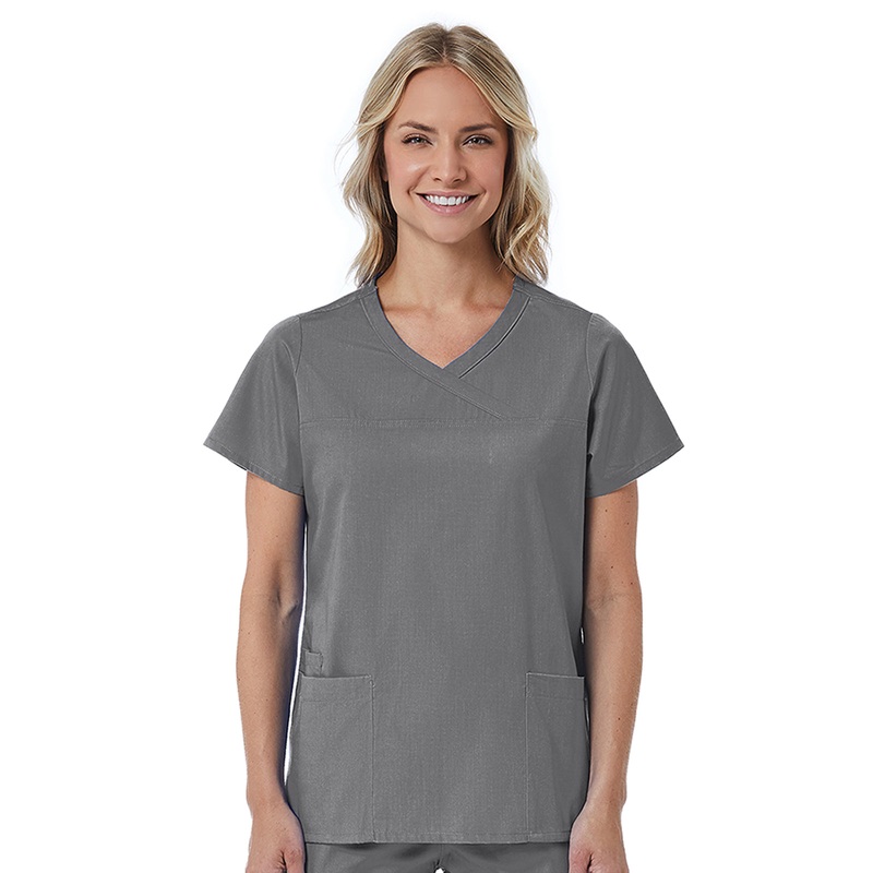 Women's Three-Pocket Curved Mock Wrap Top - 1726 - Pewter