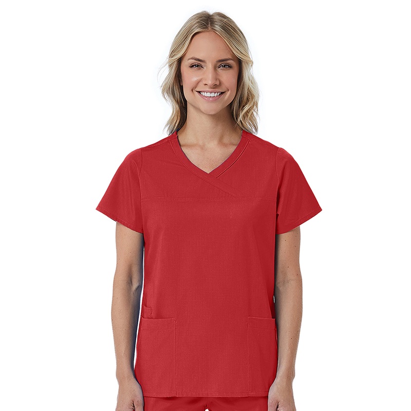 Women's Three-Pocket Curved Mock Wrap Top - 1726 - Red