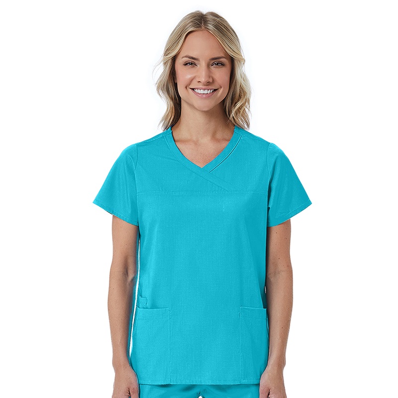 Women's Three-Pocket Curved Mock Wrap Top - 1726 - Turquoise