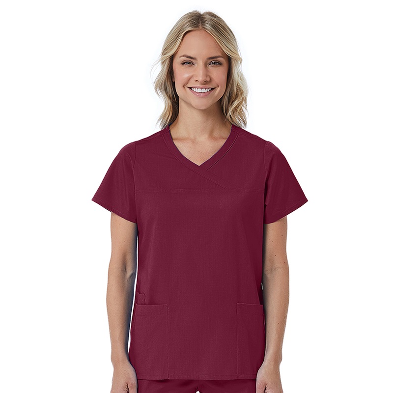 Women's Three-Pocket Curved Mock Wrap Top - 1726 - Wine