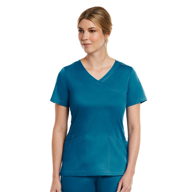 Women's Three-Pocket Curved Mock Wrap Top - 3701 - Caribbean Blue
