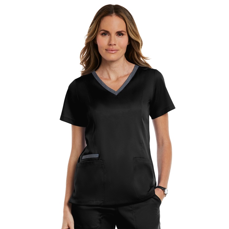 Women's Three-Pocket Heather Neck Band Top - 3502 - Black