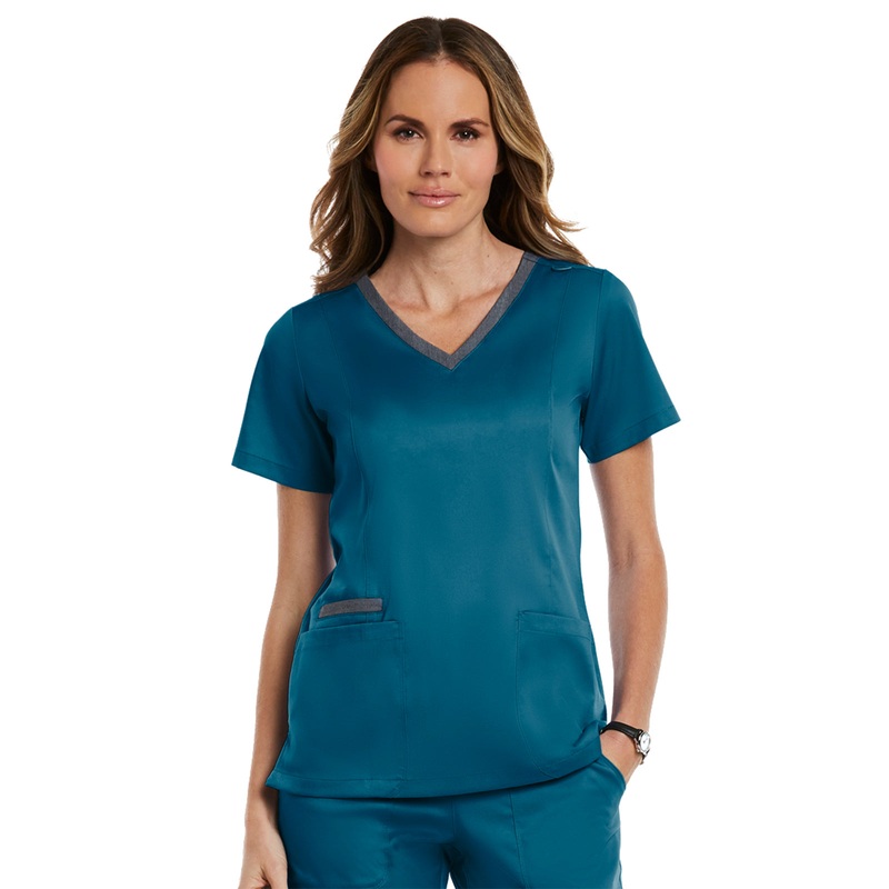 Women's Three-Pocket Heather Neck Band Top - 3502 - Caribbean Blue