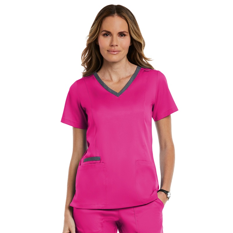 Women's Three-Pocket Heather Neck Band Top - 3502 - Hot Pink