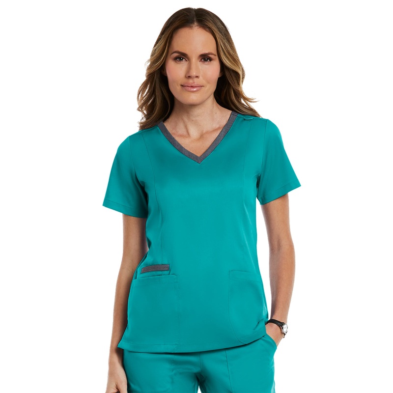 Women's Three-Pocket Heather Neck Band Top - 3502 - Teal