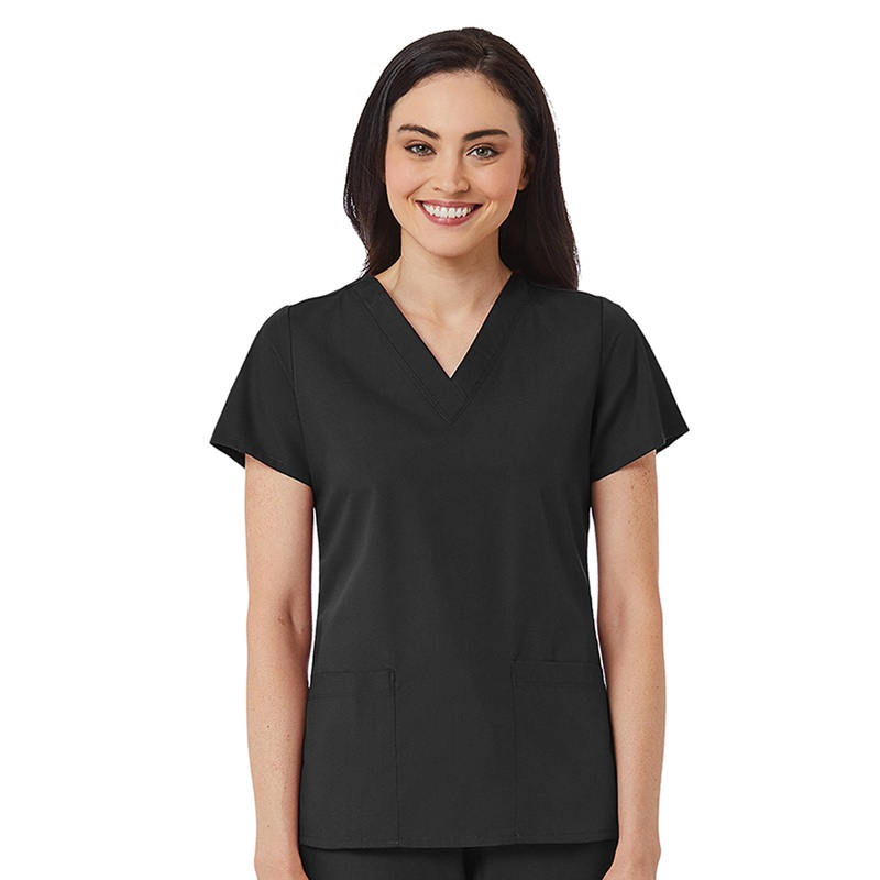 Women's V-Neck Two Pocket Top - 1716 - Black