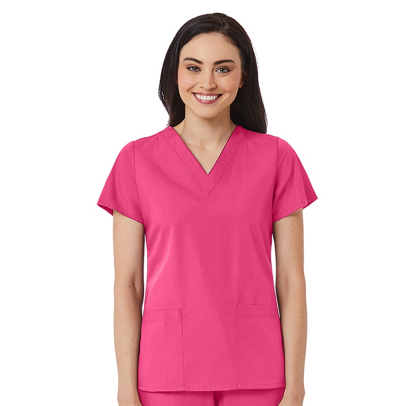 Women's V-Neck Two Pocket Top - 1716 - Candy Pink