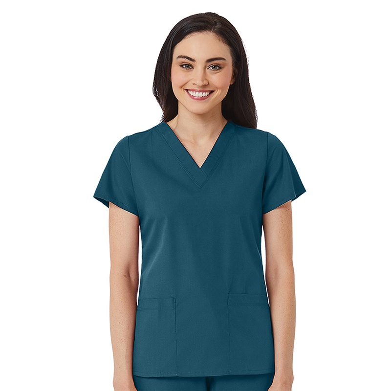 Women's V-Neck Two Pocket Top - 1716 - Caribbean Blue