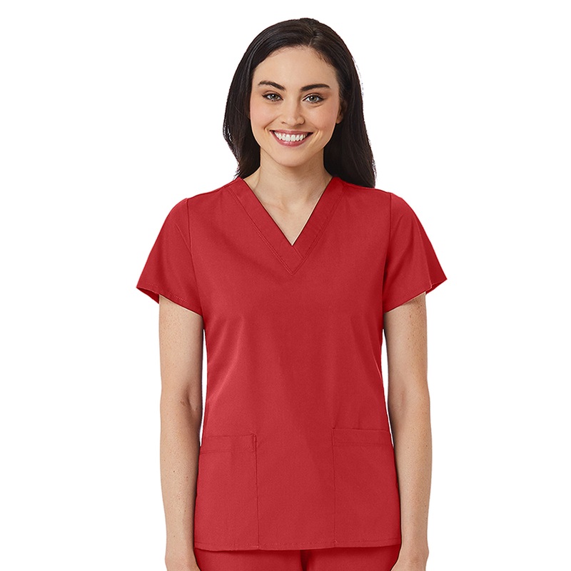 Women's V-Neck Two Pocket Top - 1716 - Red