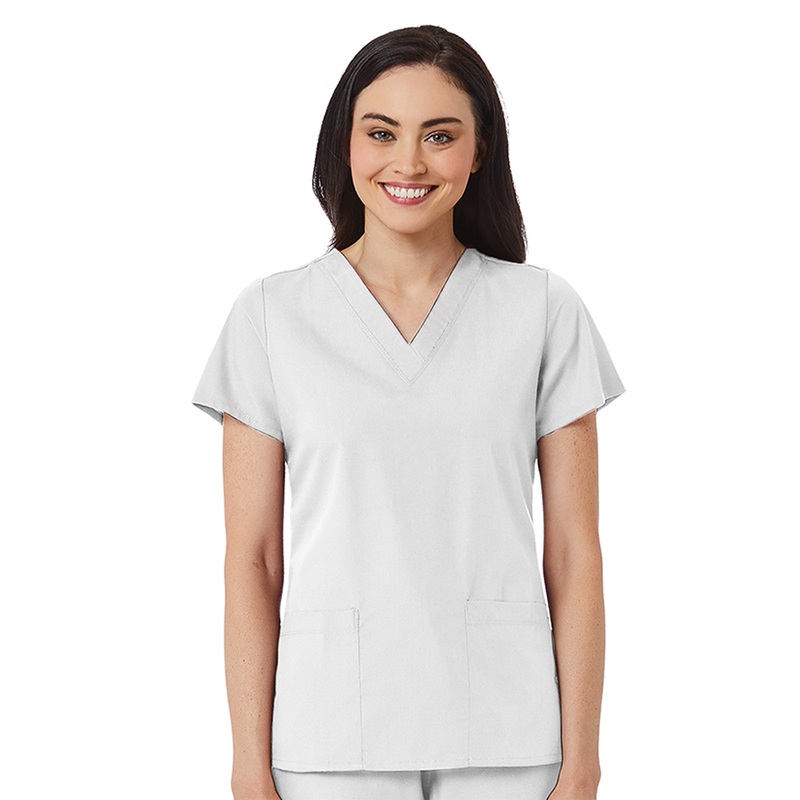 Women's V-Neck Two Pocket Top - 1716 - White