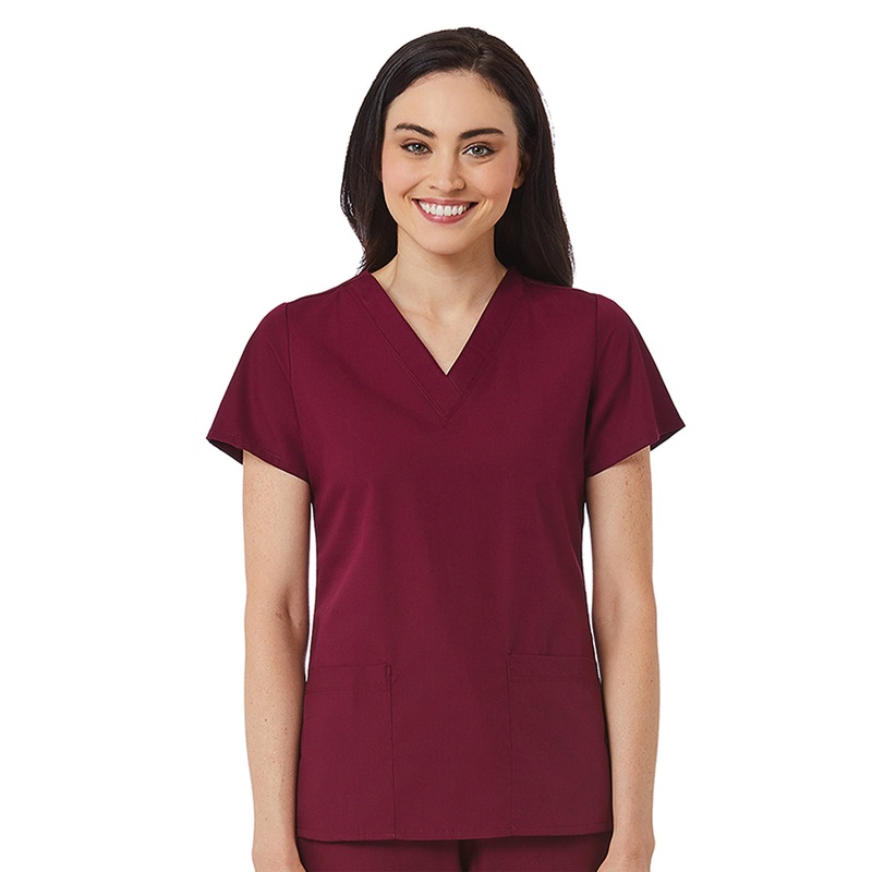 Women's V-Neck Two Pocket Top - 1716 - Wine