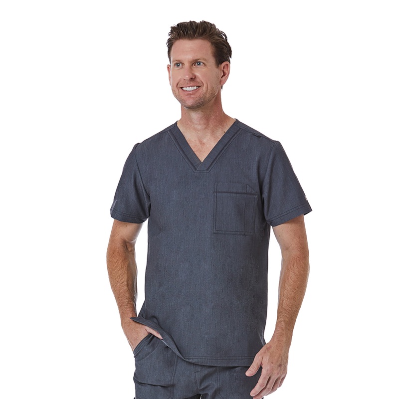Men's One-Pocket Tuckable Contrast Piping V-Neck  Top - 5901 - Heather Grey