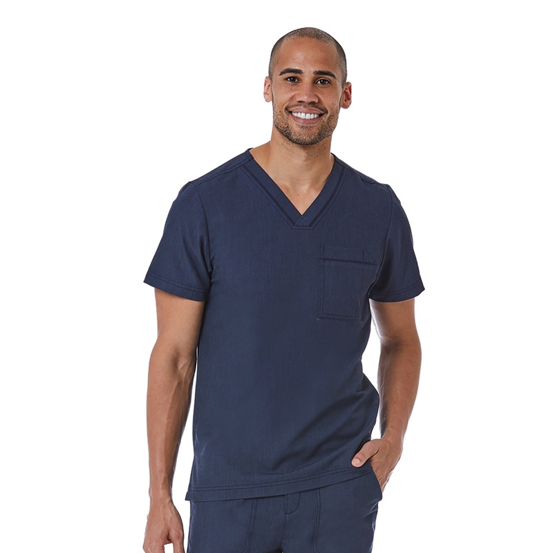 Men's One-Pocket Tuckable Contrast Piping V-Neck  Top - 5901 - Heather Navy