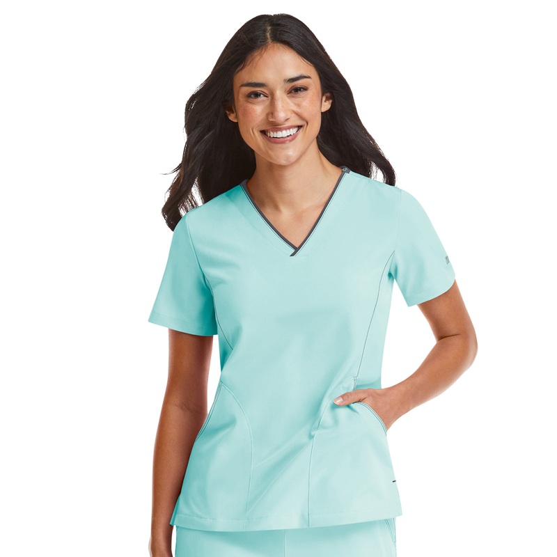 Women's Three-Pocket Contrast Stitching V-Neck Top - 4510 - Aruba Blue