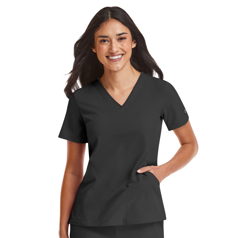 Women's Three-Pocket Contrast Stitching V-Neck Top - 4510 - Black