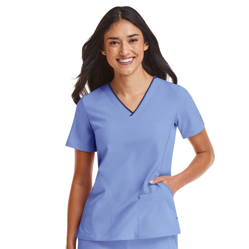 Women's Three-Pocket Contrast Stitching V-Neck Top - 4510 - Ceil Blue