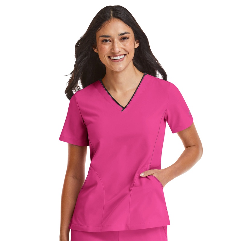 Women's Three-Pocket Contrast Stitching V-Neck Top - 4510 - Hot Pink