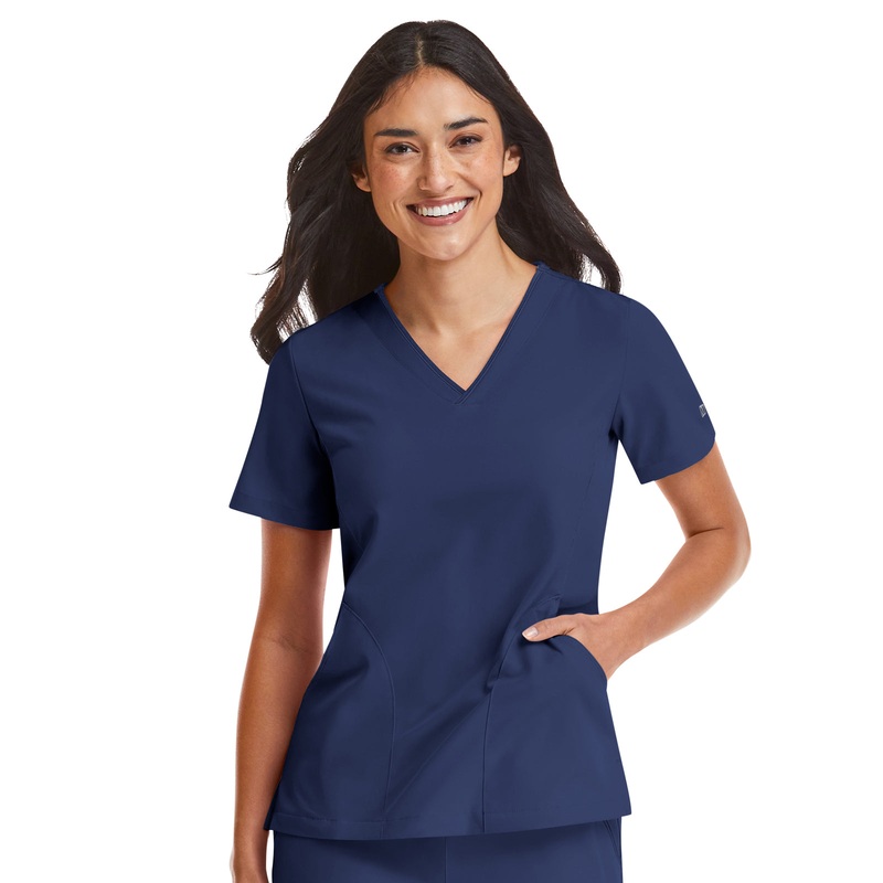 Women's Three-Pocket Contrast Stitching V-Neck Top - 4510 - Navy