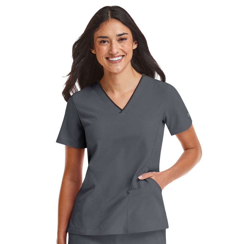 Women's Three-Pocket Contrast Stitching V-Neck Top - 4510 - Pewter