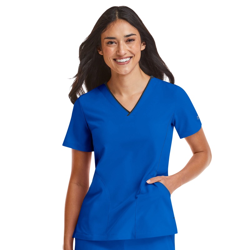 Women's Three-Pocket Contrast Stitching V-Neck Top - 4510 - Royal Blue