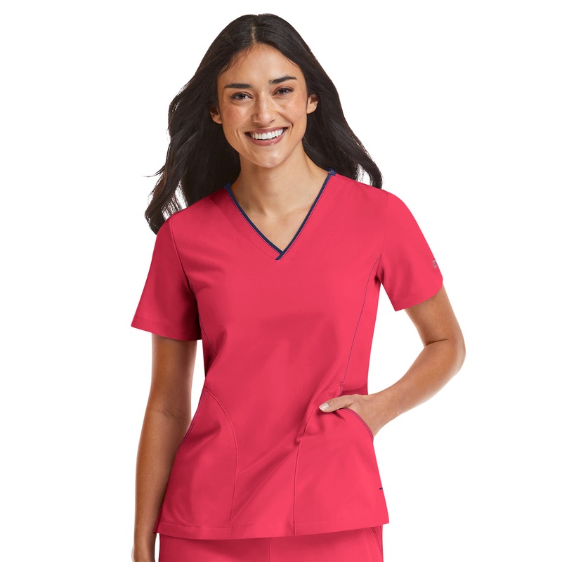 Women's Three-Pocket Contrast Stitching V-Neck Top - 4510 - Watermelon