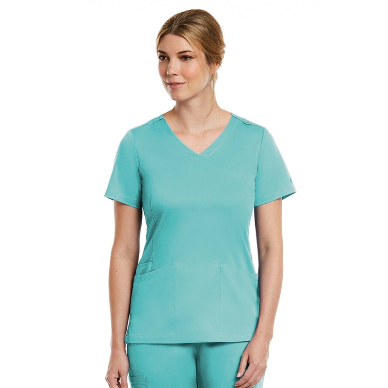 Women's Three-Pocket Curved Mock Wrap Top - 3701 - Aruba Blue